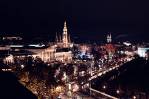 View of Vienna City Hall (Wiener Rathaus) from Natural History Museum Vienna (Naturhistorisches Museum Wien).