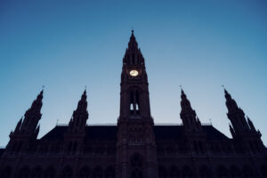 Vienna City Hall (Rathaus) with its neo-Gothic facade and central spire reaching 98 meters high.