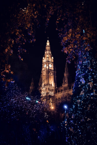 Close-up of Vienna Rathaus central tower with its distinctive spire and architectural details.