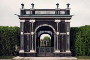 Schönbrunn Palace gardens with landscaped grounds and walking paths.