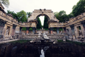 Roman Ruins Schönbrunn artificial romantic ruins with arches and garden landscaping.