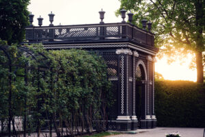 Schönbrunn Park summer landscape with green lawns.