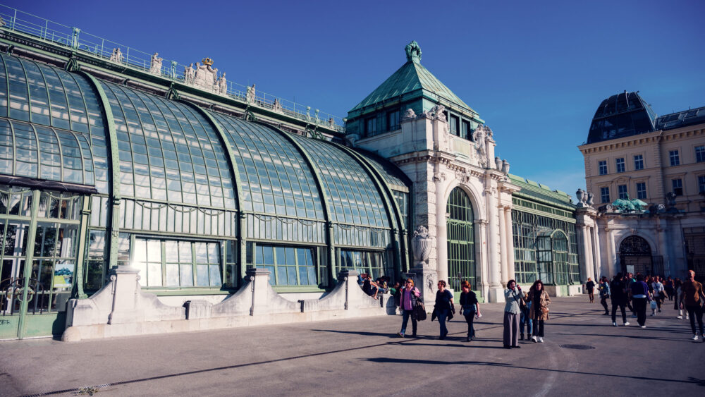 Stunning architecture of Brasserie Palmenhaus, blending historic elegance with modern flair in Vienna.