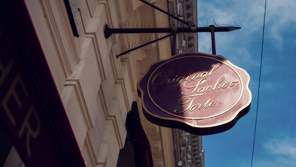 The iconic sign for the Original Sacher Torte.