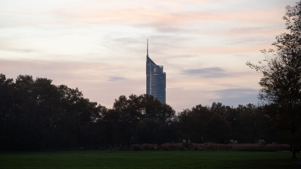 The Millennium Tower as seen from Donaupark, adding a modern touch to Vienna's skyline.