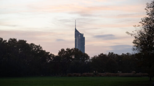 The Millennium Tower as seen from Donaupark, adding a modern touch to Vienna's skyline.