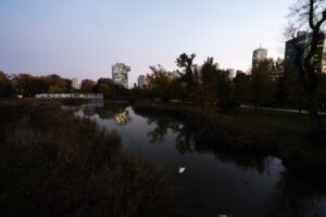 Panoramic skyline view from Donaupark, capturing Vienna's architectural landmarks.