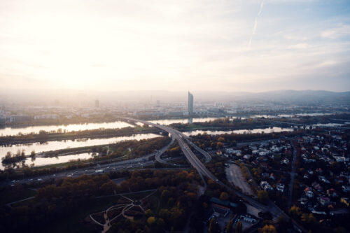 Donauturm Vienna sunset photography golden light over Vienna.