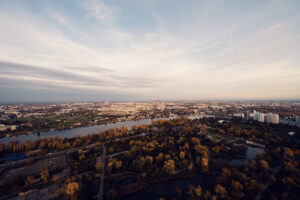 Donauturm Vienna sunset cityscape.