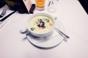 Seasonal soup at Figlmüller Bäckerstrasse, showcasing traditional Austrian flavors.