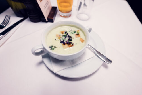 Seasonal soup at Figlmüller Bäckerstrasse, showcasing traditional Austrian flavors.