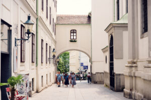 Side street with cafés and small designer shops near Mariahilfer Straße.