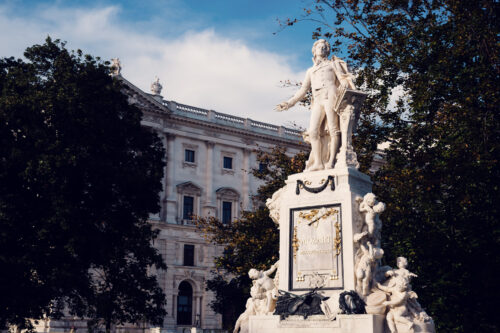Close-up of the Mozart Monument in Burggarten, showcasing intricate details honoring the legendary composer.