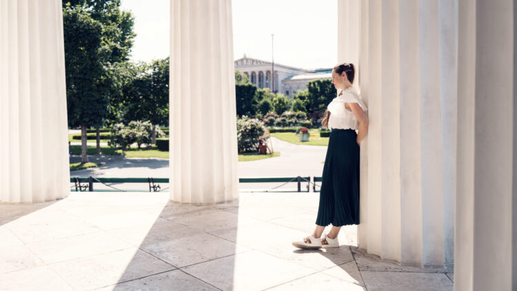 Adriana at Theseustemple Vienna with symmetrical facade and classical architectural elements.
