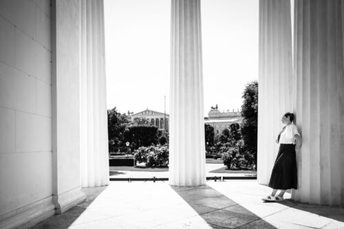 Adriana at Theseustemple Vienna with symmetrical facade and classical architectural elements.