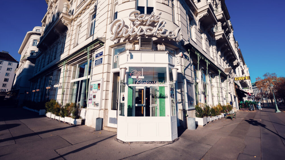 Historic facade of Café Prückel along Ringstrasse.