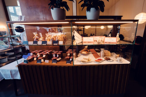 Elegant pastry vitrine at Café Prückel.