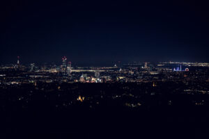 Nighttime view of Vienna from Cobenzl, with the city illuminated under a starry sky.