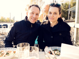 Adriana and Mario on the waterfront terrace at Das Bootshaus Vienna.
