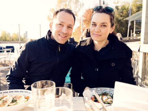 Adriana and Mario on the waterfront terrace at Das Bootshaus Vienna.