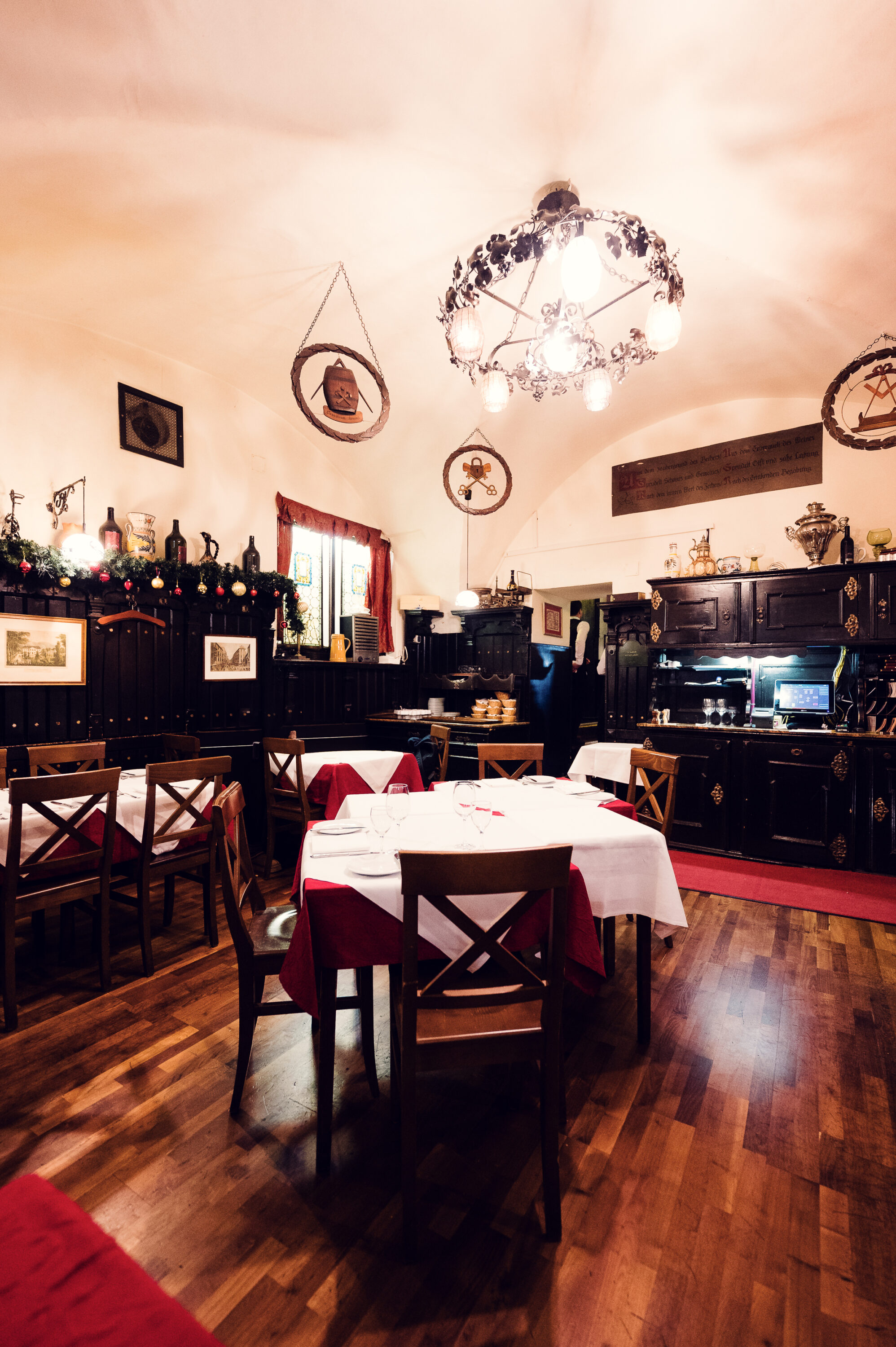 Traditional Viennese furnishings in Griechenbeisl's dining room, reflecting centuries of history.