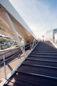Staircase at Motto am Fluss, its modern design creating perfect lines for architectural photography.