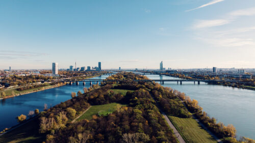 Donauinsel Vienna aerial view showing 21-kilometer artificial island between Danube River and New Danube waterway.