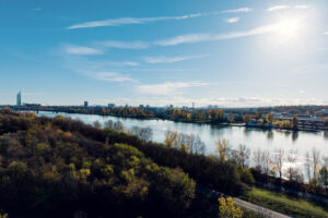 Donauinsel Vienna cycling routes with designated bike paths on 21-kilometer artificial island connecting multiple access points along Danube River.