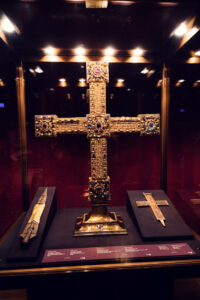 Imperial Cross (Reichskreuz) at Vienna's Imperial Treasury, a masterpiece of medieval goldsmithing and one of the most significant religious treasures of the Holy Roman Empire.