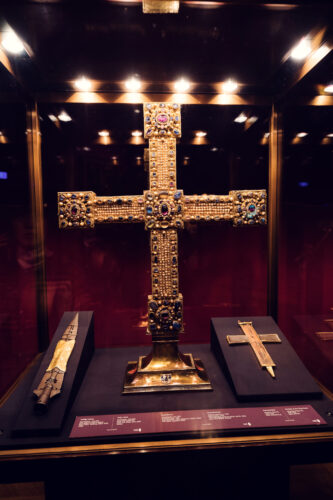 Imperial Cross (Reichskreuz) at Vienna's Imperial Treasury, a masterpiece of medieval goldsmithing and one of the most significant religious treasures of the Holy Roman Empire.