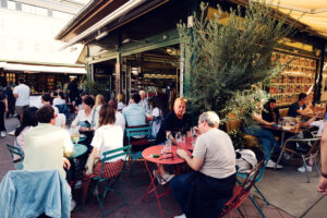 Atmospheric restaurant row at Vienna's Naschmarkt.