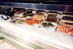Fresh seafood display at Naschmarkt's specialty stands.
