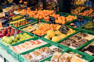 Vibrant fruit displays at Naschmarkt's traditional stands.
