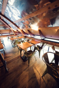 Industrial-chic dining room at NENI am Naschmarkt.