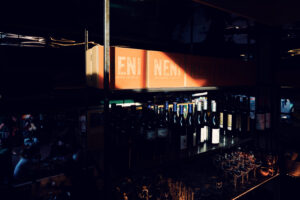 Contemporary bar area at NENI featuring crafted cocktails and Middle Eastern spirits.