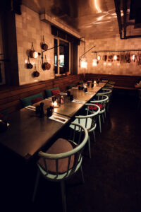 Evening ambiance at Ribelli's dining room, when lighting creates perfect dinner atmosphere.