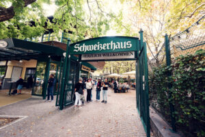 Historic entrance to Schweizerhaus with its traditional Austrian architecture and welcoming atmosphere.