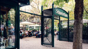 Historic entrance of Schweizerhaus, where traditional Viennese beer garden heritage meets architectural charm.