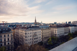 Atmosphere Rooftop Bar vantage point showing Vienna's UNESCO World Heritage city center with St. Stephen's Cathedral's 137-meter spire dominating the historical First District.