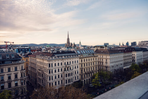 Atmosphere Rooftop Bar vantage point showing Vienna's UNESCO World Heritage city center with St. Stephen's Cathedral's 137-meter spire dominating the historical First District.