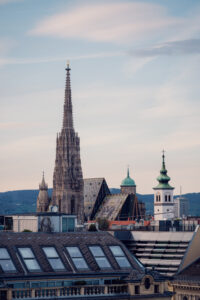 Atmosphere Rooftop Bar view of Vienna's First District with St. Stephen's Cathedral spire.
