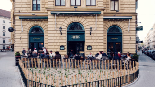 Terrace at Flanagans Irish Pub, where traditional pub furniture creates perfect outdoor atmosphere in Vienna's historic center.