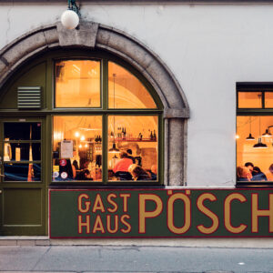 Historic entrance of Gasthaus Pöschl in Vienna.