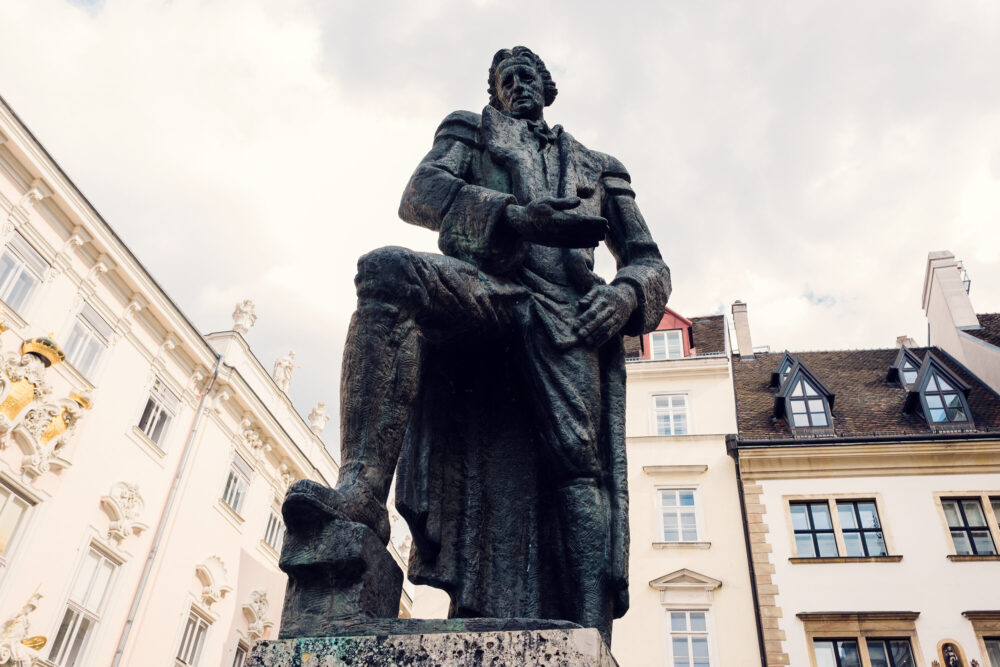 Gotthold Ephraim Lessing monument at Judenplatz (Jewish Square) Vienna, bronze statue from 1935 symbolizing religious tolerance.