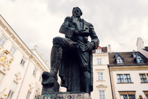 Gotthold Ephraim Lessing monument at Judenplatz (Jewish Square) Vienna, bronze statue from 1935 symbolizing religious tolerance.