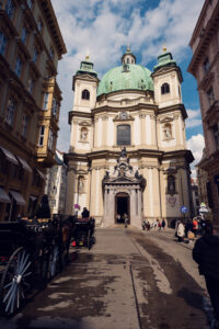 Exterior of Peterskirche Vienna (St. Peter's Church) with its distinctive green copper dome and Baroque facade.