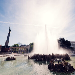 Vienna's Hochstrahlbrunnen fountain at Schwarzenbergplatz with its impressive water display.