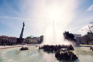 Vienna's Hochstrahlbrunnen fountain at Schwarzenbergplatz with its impressive water display.