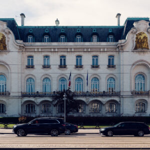 French Embassy in Vienna located in the historic Palais Clam-Gallas on Schwarzenbergplatz, an impressive neoclassical building from the 19th century featuring a distinctive facade, French flag, and serving as France's official diplomatic representation.