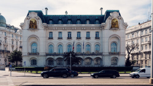 French Embassy in Vienna located in the historic Palais Clam-Gallas on Schwarzenbergplatz, an impressive neoclassical building from the 19th century featuring a distinctive facade, French flag, and serving as France's official diplomatic representation.